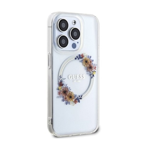 Guess IML Flowers Wreath MagSafe - Etui iPhone 15 Pro (przezroczysty) Guess IML Flowers Wreath MagSafe - Etui iPhone 15 Pro (przezroczysty)