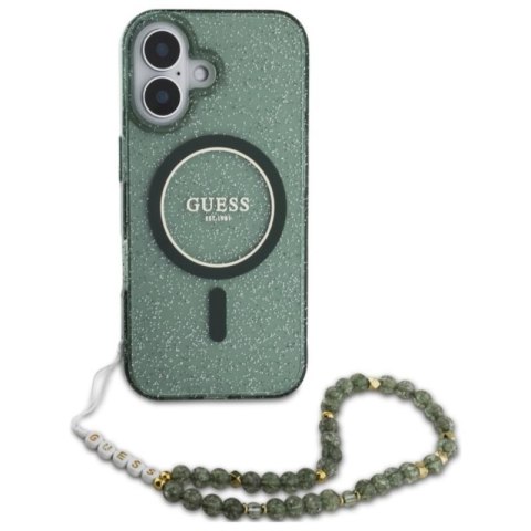 Guess IML Glitter With Pearl Strap MagSafe - Etui iPhone 16 Plus (zielony) Guess IML Glitter With Pearl Strap MagSafe - Etui iPhone 16 Plus (zielony)