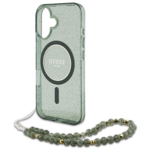Guess IML Glitter With Pearl Strap MagSafe - Etui iPhone 16 Plus (zielony) Guess IML Glitter With Pearl Strap MagSafe - Etui iPhone 16 Plus (zielony)