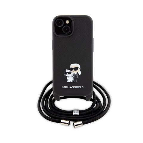 Karl Lagerfeld Crossbody Saffiano Metal Pin Karl & Choupette - Etui iPhone 15 Plus (czarny) Karl Lagerfeld Crossbody Saffiano Metal Pin Karl & Choupette - Etui iPhone 15 Plus (czarny)