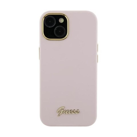 Guess Silicone Script Metal Logo & Frame - Etui iPhone 15 Pro Max (różowy) Guess Silicone Script Metal Logo & Frame - Etui iPhone 15 Pro Max (różowy)
