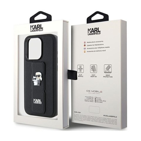 Karl Lagerfeld Gripstand Saffiano Karl & Choupette Pins - Etui iPhone 15 Pro (czarny) Karl Lagerfeld Gripstand Saffiano Karl & Choupette Pins - Etui iPhone 15 Pro (czarny)