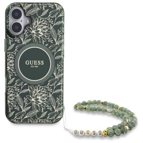 Guess IML Flowers Allover Electro With Pearl Strap MagSafe - Etui iPhone 16 Plus (zielony) Guess IML Flowers Allover Electro With Pearl Strap MagSafe - Etui iPhone 16 Plus (zielony)