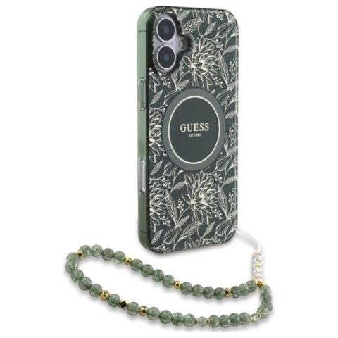 Guess IML Flowers Allover Electro With Pearl Strap MagSafe - Etui iPhone 16 Plus (zielony) Guess IML Flowers Allover Electro With Pearl Strap MagSafe - Etui iPhone 16 Plus (zielony)