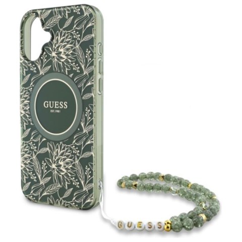 Guess IML Flowers Allover Electro With Pearl Strap MagSafe - Etui iPhone 16 Plus (zielony) Guess IML Flowers Allover Electro With Pearl Strap MagSafe - Etui iPhone 16 Plus (zielony)