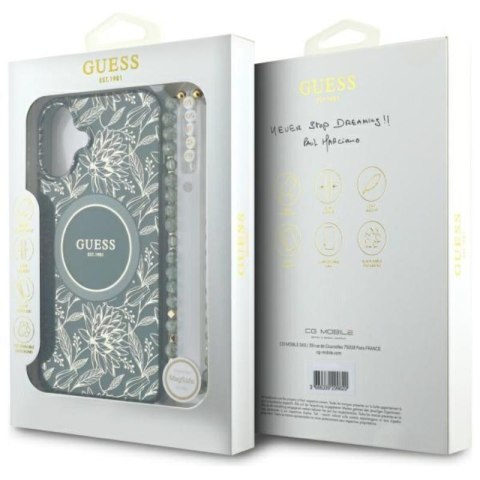 Guess IML Flowers Allover Electro With Pearl Strap MagSafe - Etui iPhone 16 Plus (zielony) Guess IML Flowers Allover Electro With Pearl Strap MagSafe - Etui iPhone 16 Plus (zielony)
