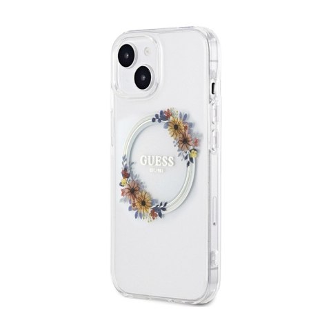 Guess IML Flowers Wreath MagSafe - Etui iPhone 15 (przezroczysty) Guess IML Flowers Wreath MagSafe - Etui iPhone 15 (przezroczysty)