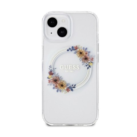 Guess IML Flowers Wreath MagSafe - Etui iPhone 15 (przezroczysty) Guess IML Flowers Wreath MagSafe - Etui iPhone 15 (przezroczysty)