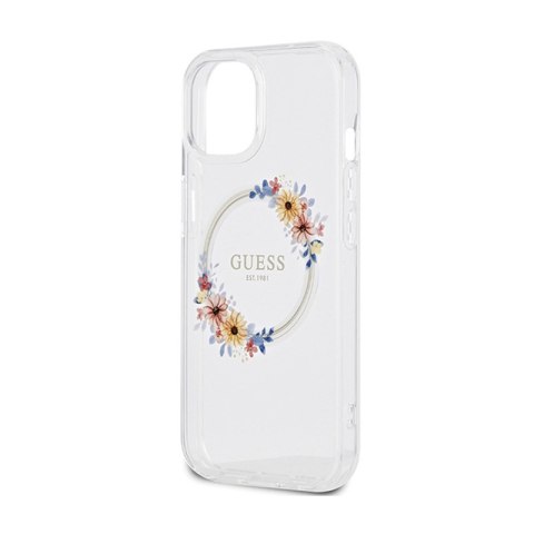 Guess IML Flowers Wreath MagSafe - Etui iPhone 15 (przezroczysty) Guess IML Flowers Wreath MagSafe - Etui iPhone 15 (przezroczysty)
