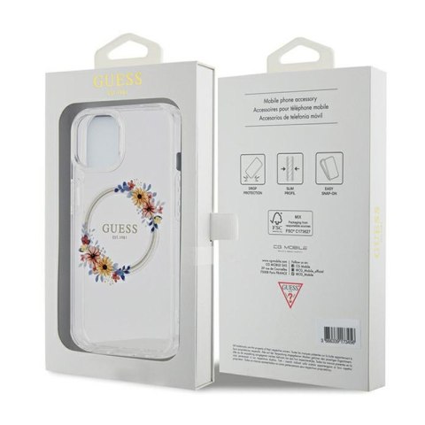 Guess IML Flowers Wreath MagSafe - Etui iPhone 15 (przezroczysty) Guess IML Flowers Wreath MagSafe - Etui iPhone 15 (przezroczysty)