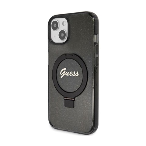 Guess Ring Stand Script Glitter MagSafe - Etui iPhone 15 (czarny) Guess Ring Stand Script Glitter MagSafe - Etui iPhone 15 (czarny)