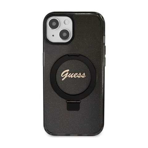 Guess Ring Stand Script Glitter MagSafe - Etui iPhone 15 (czarny) Guess Ring Stand Script Glitter MagSafe - Etui iPhone 15 (czarny)