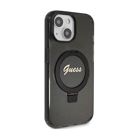Guess Ring Stand Script Glitter MagSafe - Etui iPhone 15 (czarny) Guess Ring Stand Script Glitter MagSafe - Etui iPhone 15 (czarny)