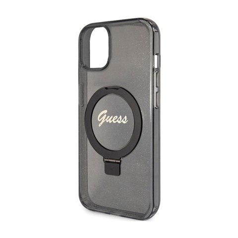 Guess Ring Stand Script Glitter MagSafe - Etui iPhone 15 (czarny) Guess Ring Stand Script Glitter MagSafe - Etui iPhone 15 (czarny)