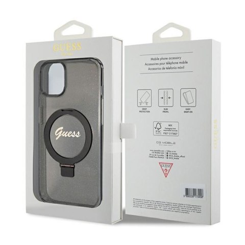 Guess Ring Stand Script Glitter MagSafe - Etui iPhone 15 (czarny) Guess Ring Stand Script Glitter MagSafe - Etui iPhone 15 (czarny)