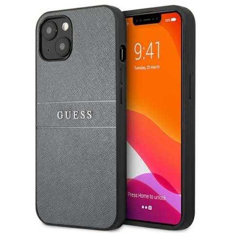 Guess Saffiano Metal Logo Stripes - Etui iPhone 13 mini (szary) Guess Saffiano Metal Logo Stripes - Etui iPhone 13 mini (szary)