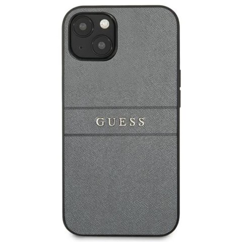 Guess Saffiano Metal Logo Stripes - Etui iPhone 13 mini (szary) Guess Saffiano Metal Logo Stripes - Etui iPhone 13 mini (szary)