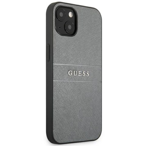 Guess Saffiano Metal Logo Stripes - Etui iPhone 13 mini (szary) Guess Saffiano Metal Logo Stripes - Etui iPhone 13 mini (szary)