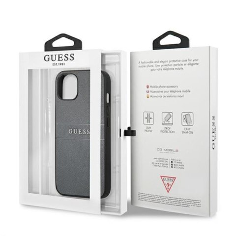 Guess Saffiano Metal Logo Stripes - Etui iPhone 13 mini (szary) Guess Saffiano Metal Logo Stripes - Etui iPhone 13 mini (szary)