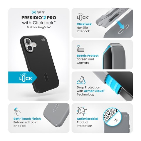 Speck Presidio2 Pro ClickLock & MagSafe - Etui iPhone 16 (Black / Slate Grey / White) Speck Presidio2 Pro ClickLock & MagSafe - Etui iPhone 16 (Black / Slate Grey / White)