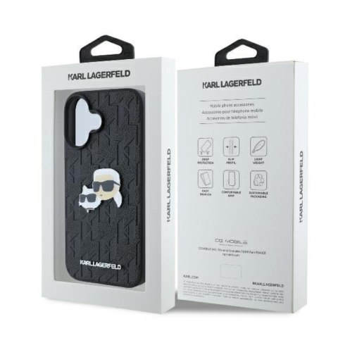 Karl Lagerfeld Monogram Karl & Chaoupette Head Pin - Etui iPhone 16 Plus (czarny) Karl Lagerfeld Monogram Karl & Chaoupette Head Pin - Etui iPhone 16 Plus (czarny)