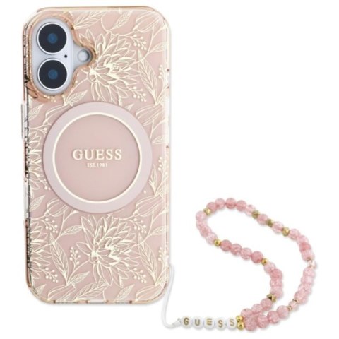 Guess IML Flowers Allover Electro With Pearl Strap MagSafe - Etui iPhone 16 (różowy) Guess IML Flowers Allover Electro With Pearl Strap MagSafe - Etui iPhone 16 (różowy)