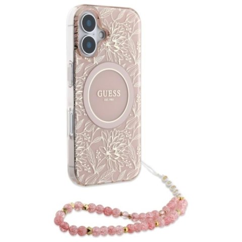 Guess IML Flowers Allover Electro With Pearl Strap MagSafe - Etui iPhone 16 (różowy) Guess IML Flowers Allover Electro With Pearl Strap MagSafe - Etui iPhone 16 (różowy)