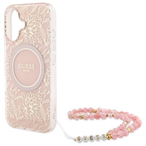 Guess IML Flowers Allover Electro With Pearl Strap MagSafe - Etui iPhone 16 (różowy) Guess IML Flowers Allover Electro With Pearl Strap MagSafe - Etui iPhone 16 (różowy)