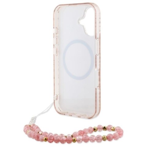 Guess IML Flowers Allover Electro With Pearl Strap MagSafe - Etui iPhone 16 (różowy) Guess IML Flowers Allover Electro With Pearl Strap MagSafe - Etui iPhone 16 (różowy)