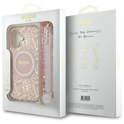 Guess IML Flowers Allover Electro With Pearl Strap MagSafe - Etui iPhone 16 (różowy) Guess IML Flowers Allover Electro With Pearl Strap MagSafe - Etui iPhone 16 (różowy)