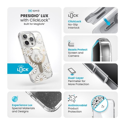 Speck Presidio Lux ClickLock & MagSafe - Etui iPhone 16 Pro (Sunshine Daisies / Clear / Gold) Speck Presidio Lux ClickLock & MagSafe - Etui iPhone 16 Pro (Sunshine Daisies / Clear / Gold)