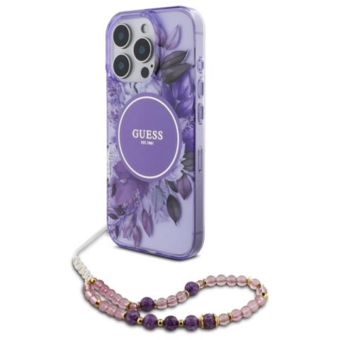 Guess IML Flowers With Pearl Strap MagSafe - Etui iPhone 16 Pro (fioletowy) Guess IML Flowers With Pearl Strap MagSafe - Etui iPhone 16 Pro (fioletowy)