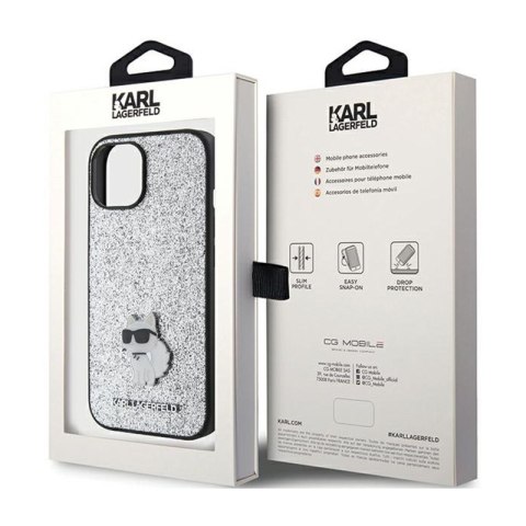 Karl Lagerfeld Fixed Glitter Choupette Logo Metal Pin - Etui iPhone 15 / 14 / 13 (srebrny) Karl Lagerfeld Fixed Glitter Choupette Logo Metal Pin - Etui iPhone 15 / 14 / 13 (srebrny)