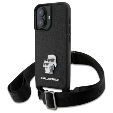 Karl Lagerfeld Saffiano Karl & Choupette Metal Pin CBDY Strap - Etui iPhone 16 (czarny) Karl Lagerfeld Saffiano Karl & Choupette Metal Pin CBDY Strap - Etui iPhone 16 (czarny)