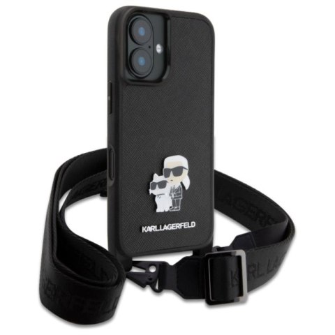 Karl Lagerfeld Saffiano Karl & Choupette Metal Pin CBDY Strap - Etui iPhone 16 (czarny) Karl Lagerfeld Saffiano Karl & Choupette Metal Pin CBDY Strap - Etui iPhone 16 (czarny)