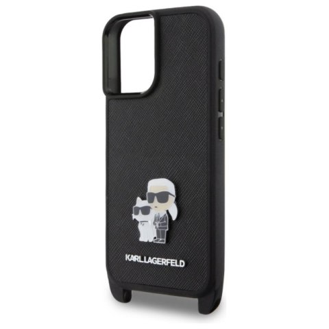 Karl Lagerfeld Saffiano Karl & Choupette Metal Pin CBDY Strap - Etui iPhone 16 (czarny) Karl Lagerfeld Saffiano Karl & Choupette Metal Pin CBDY Strap - Etui iPhone 16 (czarny)