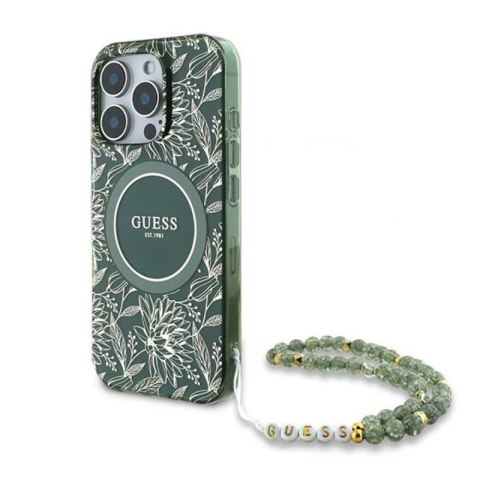 Guess IML Flowers Allover Electro With Pearl Strap MagSafe - Etui iPhone 16 Pro (zielony) Guess IML Flowers Allover Electro With Pearl Strap MagSafe - Etui iPhone 16 Pro (zielony)