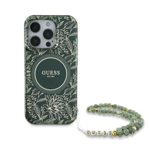 Guess IML Flowers Allover Electro With Pearl Strap MagSafe - Etui iPhone 16 Pro (zielony) Guess IML Flowers Allover Electro With Pearl Strap MagSafe - Etui iPhone 16 Pro (zielony)