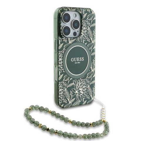 Guess IML Flowers Allover Electro With Pearl Strap MagSafe - Etui iPhone 16 Pro (zielony) Guess IML Flowers Allover Electro With Pearl Strap MagSafe - Etui iPhone 16 Pro (zielony)