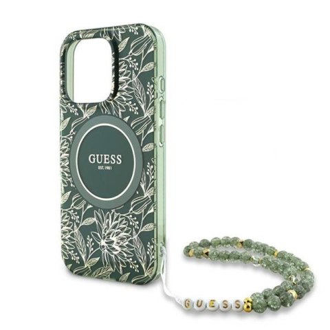 Guess IML Flowers Allover Electro With Pearl Strap MagSafe - Etui iPhone 16 Pro (zielony) Guess IML Flowers Allover Electro With Pearl Strap MagSafe - Etui iPhone 16 Pro (zielony)