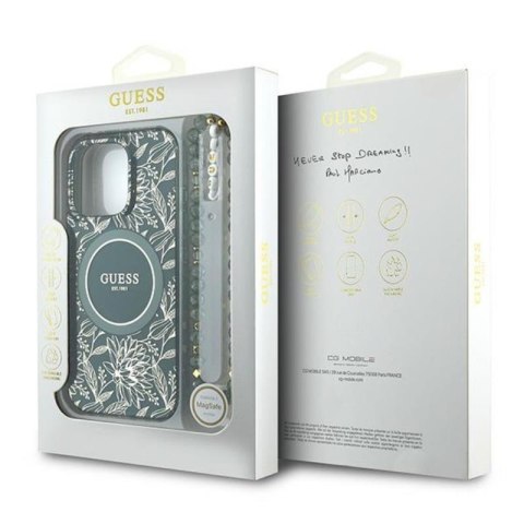 Guess IML Flowers Allover Electro With Pearl Strap MagSafe - Etui iPhone 16 Pro (zielony) Guess IML Flowers Allover Electro With Pearl Strap MagSafe - Etui iPhone 16 Pro (zielony)
