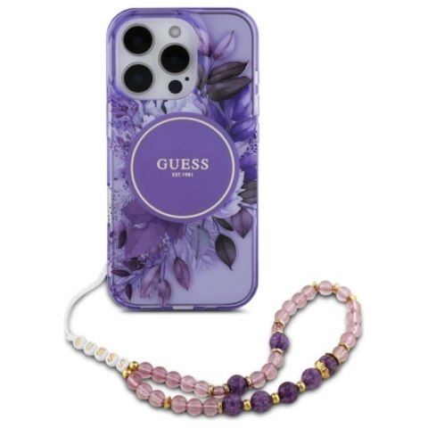 Guess IML Flowers With Pearl Strap MagSafe - Etui iPhone 16 Pro Max (fioletowy) Guess IML Flowers With Pearl Strap MagSafe - Etui iPhone 16 Pro Max (fioletowy)