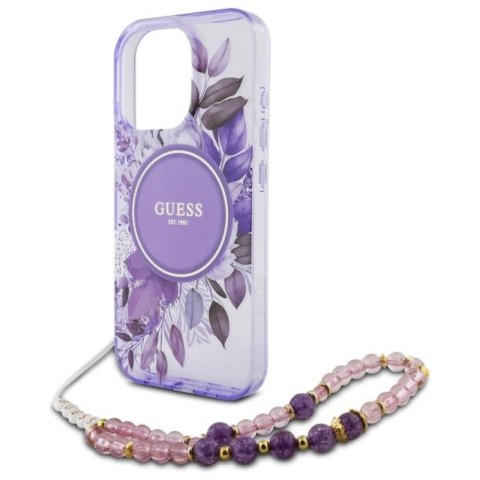 Guess IML Flowers With Pearl Strap MagSafe - Etui iPhone 16 Pro Max (fioletowy) Guess IML Flowers With Pearl Strap MagSafe - Etui iPhone 16 Pro Max (fioletowy)