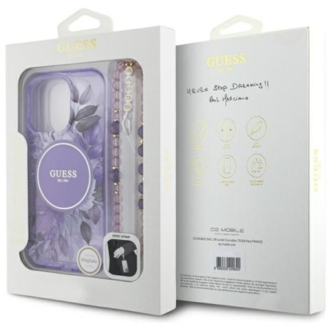 Guess IML Flowers With Pearl Strap MagSafe - Etui iPhone 16 Pro Max (fioletowy) Guess IML Flowers With Pearl Strap MagSafe - Etui iPhone 16 Pro Max (fioletowy)