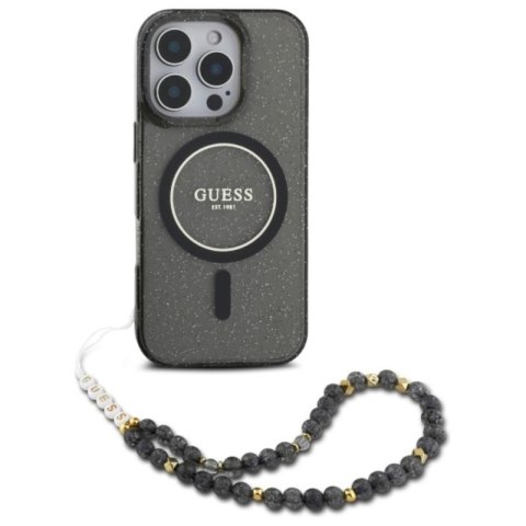 Guess IML Glitter With Pearl Strap MagSafe - Etui iPhone 16 Pro (czarny) Guess IML Glitter With Pearl Strap MagSafe - Etui iPhone 16 Pro (czarny)