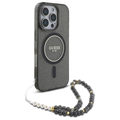 Guess IML Glitter With Pearl Strap MagSafe - Etui iPhone 16 Pro (czarny) Guess IML Glitter With Pearl Strap MagSafe - Etui iPhone 16 Pro (czarny)