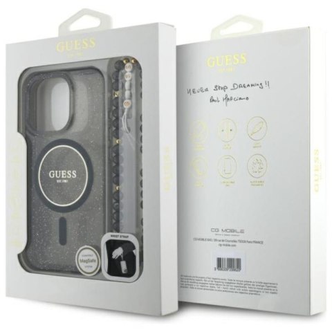 Guess IML Glitter With Pearl Strap MagSafe - Etui iPhone 16 Pro (czarny) Guess IML Glitter With Pearl Strap MagSafe - Etui iPhone 16 Pro (czarny)