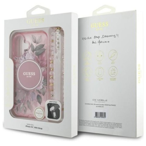 Guess IML Flowers With Pearl Strap MagSafe - Etui iPhone 16 Plus (różowy) Guess IML Flowers With Pearl Strap MagSafe - Etui iPhone 16 Plus (różowy)