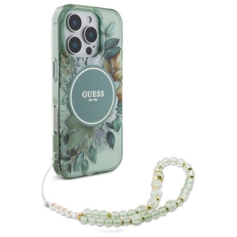 Guess IML Flowers With Pearl Strap MagSafe - Etui iPhone 16 Pro (zielony) Guess IML Flowers With Pearl Strap MagSafe - Etui iPhone 16 Pro (zielony)