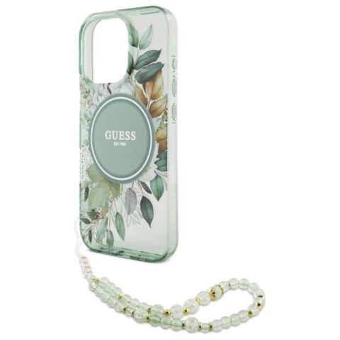 Guess IML Flowers With Pearl Strap MagSafe - Etui iPhone 16 Pro (zielony) Guess IML Flowers With Pearl Strap MagSafe - Etui iPhone 16 Pro (zielony)